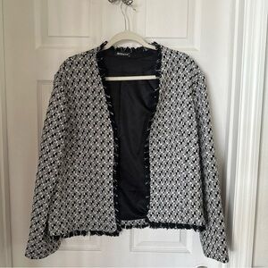 Allegra K Collarless Tweed Blazer Jacket Black, Off White, Gold Accent Size XL